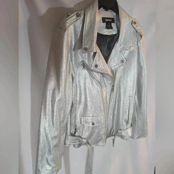 DKNY Metallic Silver Moto Style Faux Leather Jacket SZ XL - Picture 5 of 8